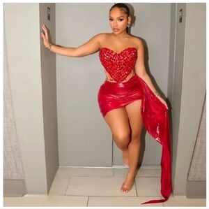 Red Heart Shaped Corset Top With Skirt Set